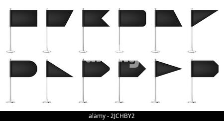 Différents drapeaux de table réalistes sur un poteau en acier chromé.Drapeau de bureau noir vierge en papier ou en tissu.Support en métal brillant.Maquette pour promotion et Illustration de Vecteur