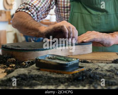 Luthier construit un violon avec du bois d'un chêne de tourbière de 5000yr ans Banque D'Images