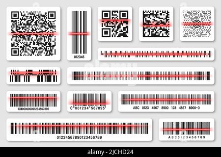 Codes-barres et codes QR avec ligne de lecture rouge. Code de suivi d'identification. Numéro de série, ID produit avec informations numériques. Stocker Illustration de Vecteur