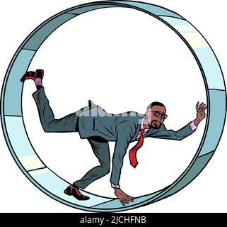 Homme d'affaires africain dans une roue d'écureuil. Isoler sur un fond blanc travail monotone de routine. Un homme en captivité de ses affaires Illustration de Vecteur