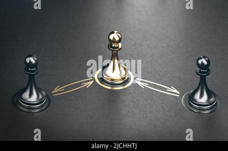 Trois pions et flèches dorées sur fond noir. Concept de gestion des conflits interpersonnels et de conciliateur. 3D illustration. Banque D'Images