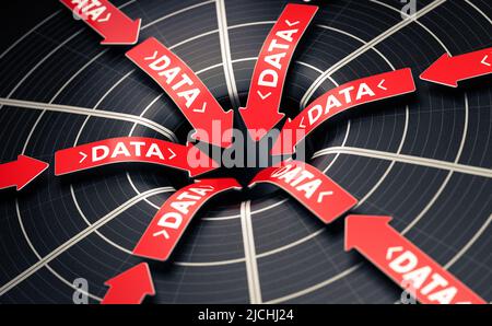 3D illustration de flèches rouges avec un mot écrit sur elles pointant vers le centre du trou au centre d'une cible noire. Concept de collecte de données ou Banque D'Images
