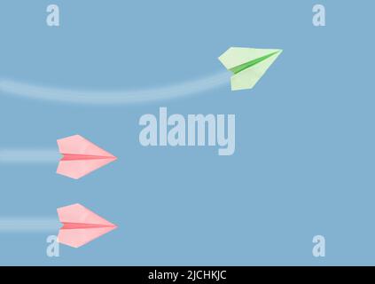 Percée, leadership. Des avions à l'origami rose et un vert exceptionnel volent en avant de manière différente. Nouvelle idée novatrice, courage dans la prise de décision, concept d'individualité. Photo de haute qualité Banque D'Images