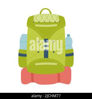 Sac à dos touristique avec thermos, bouteille et tapis de voyage. Équipement pour la pêche, le tourisme, les voyages, le camping, la randonnée. Illustration vectorielle plate isolée sur un Illustration de Vecteur