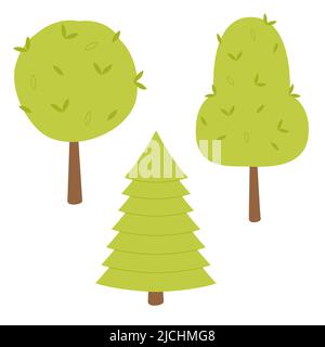 Ensemble d'arbres verts simples et plats. Illustration vectorielle de dessin animé isolée sur fond blanc. Illustration de Vecteur