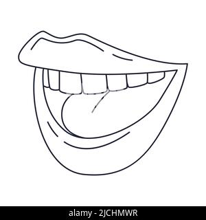 Une bouche souriante avec des dents. Lèvres femelles. Contour de l'enliseur. Illustration vectorielle noir et blanc isolée sur fond blanc Illustration de Vecteur