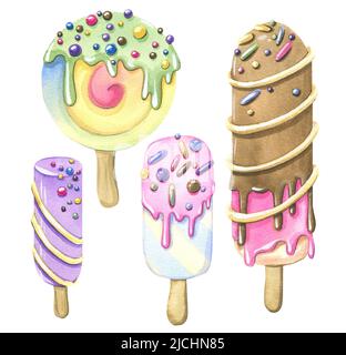 La crème glacée Popsicle est de différentes versions avec glaçage et saupoudrage coloré. Illustration aquarelle, objets isolés d'un grand ensemble de CRÈME GLACÉE. Pour Banque D'Images