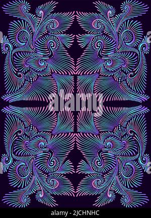 Eleagant vintage psychédélique trippy coloré mandala motif. Dégradé fluo violet, rose, bleu, isoladen sur fond noir. Illustration de Vecteur