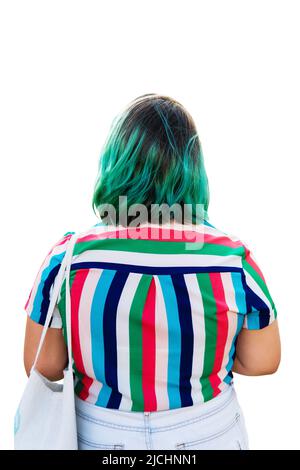Vue arrière d'une femme en surpoids portant une chemise rayée colorée et arborant un style court noir et vert. Banque D'Images