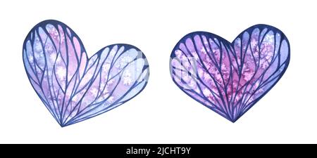 Coeurs violets abstraits avec un motif et une texture, aquarelle. Deux objets isolés d'un grand ensemble de spa Lavender. Pour le design, decora Banque D'Images