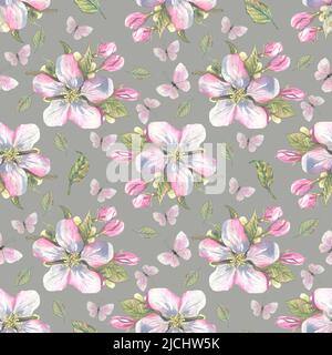 L'illustration aquarelle est un motif sans couture d'arbres fruitiers en fleurs et d'outils de jardin. Un bel ensemble floral pour le printemps. Pour la conception, Banque D'Images