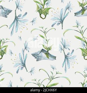 Illustration aquarelle avec une coquille et une fleur de chlorophytum, avec des feuilles et un bourgeon. Lumière, été, plage, motif sans couture. Pour tissus, textiles, p Banque D'Images