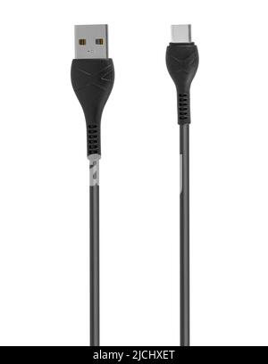 Connecteur USB et de type C avec câble sur fond blanc, vue de dessus Banque D'Images