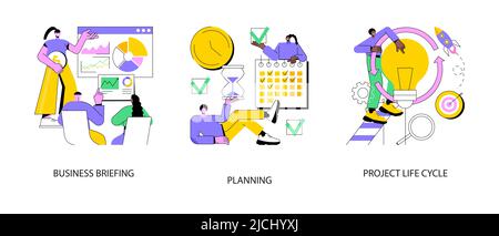 Ensemble d'illustrations vectorielles de concept abstrait de gestion de projet. Briefing d'affaires, cycle de vie du projet de planification, affectation des tâches, analyse de rentabilisation, rapport de données financières, métaphore abstraite de gestion des risques. Illustration de Vecteur