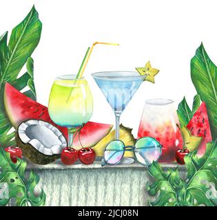 Comptoir de bar avec cocktails, fruits, baies, feuilles tropicales, lunettes de soleil. Illustration aquarelle. Composition pour la conception et la décoration de menus, Banque D'Images