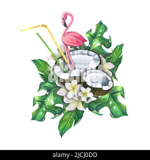 Moitiés de noix de coco avec flamants roses et tubes à cocktail dans les feuilles tropicales et les fleurs de plumeria. Illustration aquarelle. Pour la décoration et la conception de SO Banque D'Images