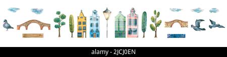 Illustration aquarelle d'un ensemble de jolies maisons de vieille ville. Maisons européennes multicolores, ponts, dessins animés, lampadaires, pigeons, nuages. Pour le Banque D'Images