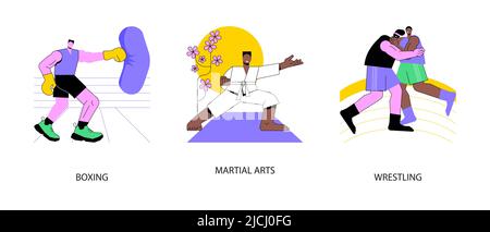 Jeu d'illustrations vectorielles abstraites de sport de combat. Anneau de boxe, arts martiaux, lutte, club de combat professionnel, classe de karaté, autodéfense, métaphore abstraite athlète greco-roman. Illustration de Vecteur