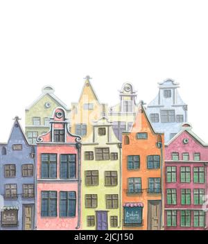 Aquarelle illustration d'une composition de jolies maisons de vieille ville. Banque D'Images