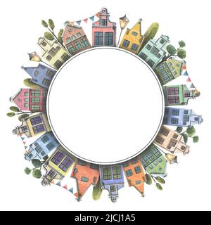Illustration aquarelle d'un cadre rond avec des maisons des villes de la vieille Europe. Avec arbres, drapeaux, lanternes. Pour la conception et la décoration de Banque D'Images
