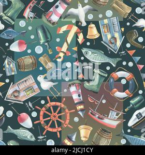 Illustration aquarelle sur le thème de la pêche en mer. Motif sans couture avec de nombreux éléments sur fond bleu foncé. Pour le tissu, les textiles, le design Banque D'Images