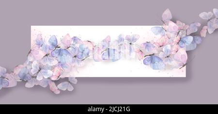 Lilas et rose, divers papillons en vol, avec des touches de peinture sur fond blanc et lilas. Aquarelle. Pour le design, la décoration et Banque D'Images