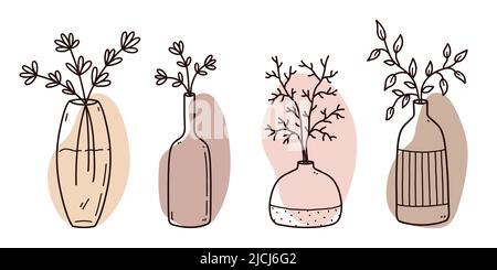 Ensemble de gribouillages floraux abstraits aux formes de couleur biologique. Vases minimalistes avec fleurs isolées sur fond blanc. Illustration vectorielle dessinée à la main. Illustration de Vecteur