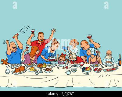 Fille fille petite-fille fête d'anniversaire, toute la famille à la table de fête Illustration de Vecteur