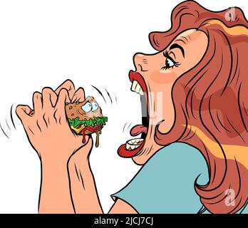 Une femme mord un adorable hamburger dans un restaurant, humour de restauration rapide Illustration de Vecteur