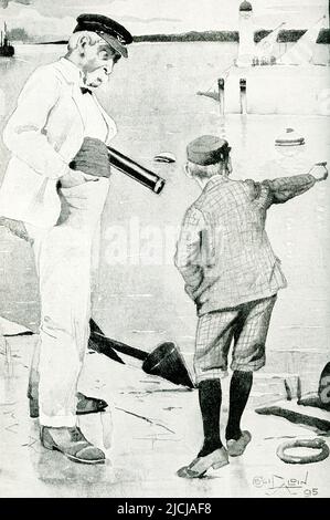 La légende de 1895 se lit comme suit : « Little Trevor a répondu en déportant la liste de tous les drapeaux de la maison en vue aux amarres – d'un pilote non qualifié de Rudyard Kipling ». Le « pilote » a été publié pour la première fois dans le Windsor Magazine en février 1895 et recueilli dans Land and Sea Tales en 1923. Le père de Jim Trevor est un pilote expérimenté qui guide les navires vers le haut et le bas de l'un des fleuves les plus dangereux du monde, les Hugli. Joseph Rudyard Kipling (décédé en 1936) était un journaliste anglais, un écrivain, un poète et un romancier. Il est né en Inde britannique, ce qui a inspiré une grande partie de son travail. Les œuvres de Kipling o Banque D'Images