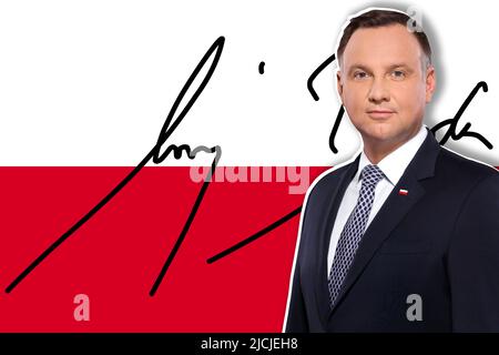 Andrzej Duda, drapeau de la Pologne et signature Banque D'Images