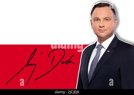 Andrzej Duda, drapeau de la Pologne et signature Banque D'Images