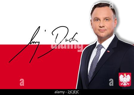 Andrzej Duda, drapeau de la Pologne, armoiries et signature Banque D'Images