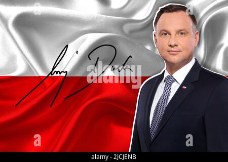 Andrzej Duda, drapeau de la Pologne et signature Banque D'Images
