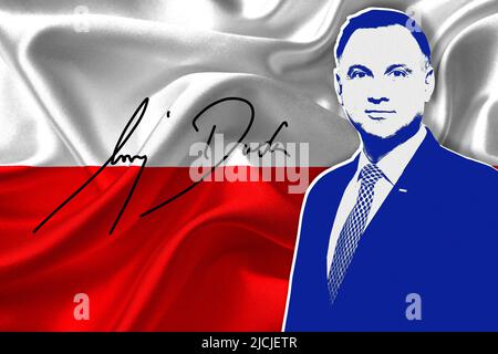 Andrzej Duda, drapeau de la Pologne et signature Banque D'Images