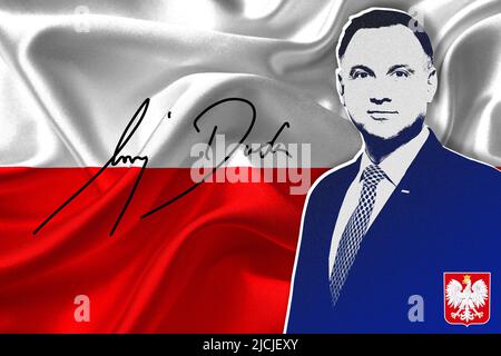 Andrzej Duda, drapeau de la Pologne et signature Banque D'Images
