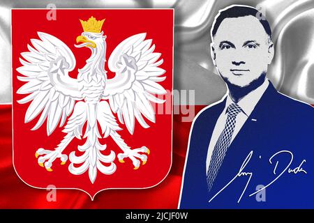 Andrzej Duda, drapeau de la Pologne, armoiries et signature Banque D'Images