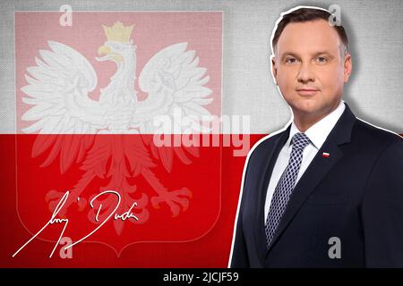Andrzej Duda, drapeau de la Pologne, armoiries et signature Banque D'Images