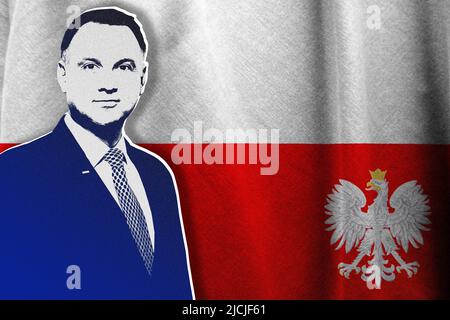 Andrzej Duda, drapeau et armoiries de Pologne Banque D'Images