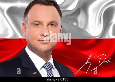 Andrzej Duda, drapeau de la Pologne et signature Banque D'Images