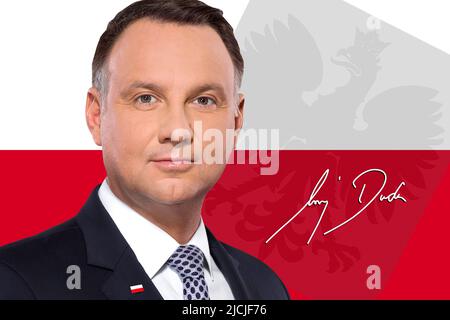 Andrzej Duda, drapeau de la Pologne, armoiries et signature Banque D'Images