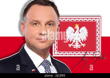 Andrzej Duda, drapeau de la Pologne, armoiries et signature Banque D'Images