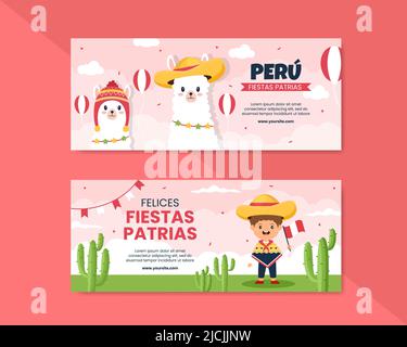 Fiestas Patrias Pérou modèle de bannière horizontale médias sociaux dessin animé de fond Illustration vectorielle Illustration de Vecteur