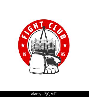 Icône du club de combat, sport de boxe ou emblème MMA vectoriel de kick-boxing. Box ou Muay Thai luttant club de sport et centre d'entraînement des arts martiaux signe avec des gants de boxeur et des étoiles sur l'anneau de combat Illustration de Vecteur