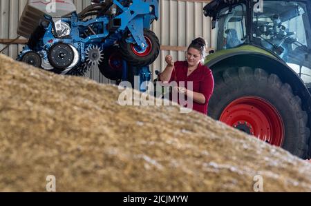 PRODUCTION - 08 juin 2022, Saxe-Anhalt, Könern: L'avoine s'enlache à travers les mains de Marie Saudhof sur la ferme de Könern. Le jeune agronome reprend la ferme de son père et poursuit l'activité agricole. Les Saudorhofs pratiquent l'agriculture biologique depuis 2001. (À dpa "émotive et bureaucratique: La succession agricole dans l'agriculture") photo: Hendrik Schmidt/dpa Banque D'Images