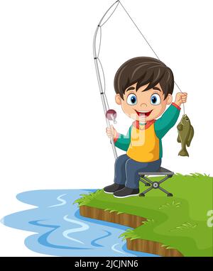 Dessin animé petit garçon pêche sur le lac Illustration de Vecteur