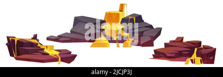 Cascades fantaisistes avec ruisseaux à fluide jaune. Illustration vectorielle de pierres avec coulées de lave liquide. Objets de paysage de jeu avec cascade de rivière d'or de rochers Illustration de Vecteur