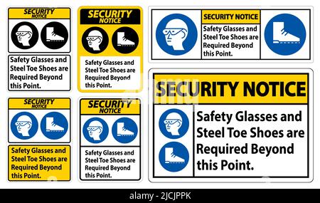 Consignes de sécurité des lunettes de sécurité et des chaussures à bout en acier sont requises au-delà de ce point Illustration de Vecteur