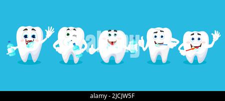 Personnages de dents de dessin animé avec mouthrinse ou bain de bouche, brosse à dents et dentifrice, soins dentaires pour enfants. Dents vectorielles de dessin animé pour la clinique dentaire et la dentisterie, rince-bouche ou rince-bouche et dents propres Illustration de Vecteur