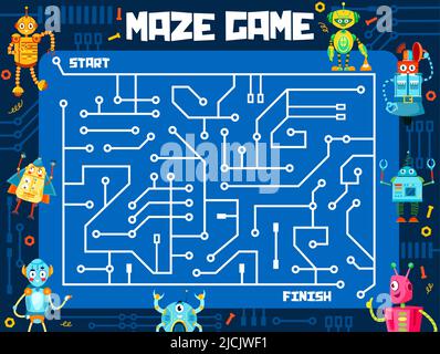 Labyrinthe de labyrinthe de jeu, dessin animé robots et droïdes drôles, feuille de calcul de puzzle de vecteur. Les enfants échappent puzzle ou labyrinthe énigme énigme sur la carte mère de l'ordinateur pour chercher et trouver la voie pour les jouets de robot Illustration de Vecteur